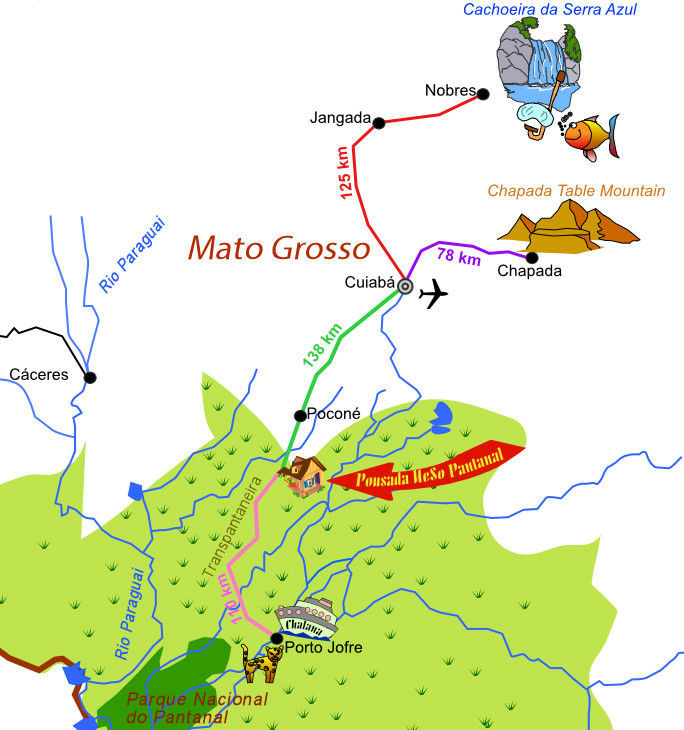Travel times and distances in Pantanal and Cuiabá, transfers included