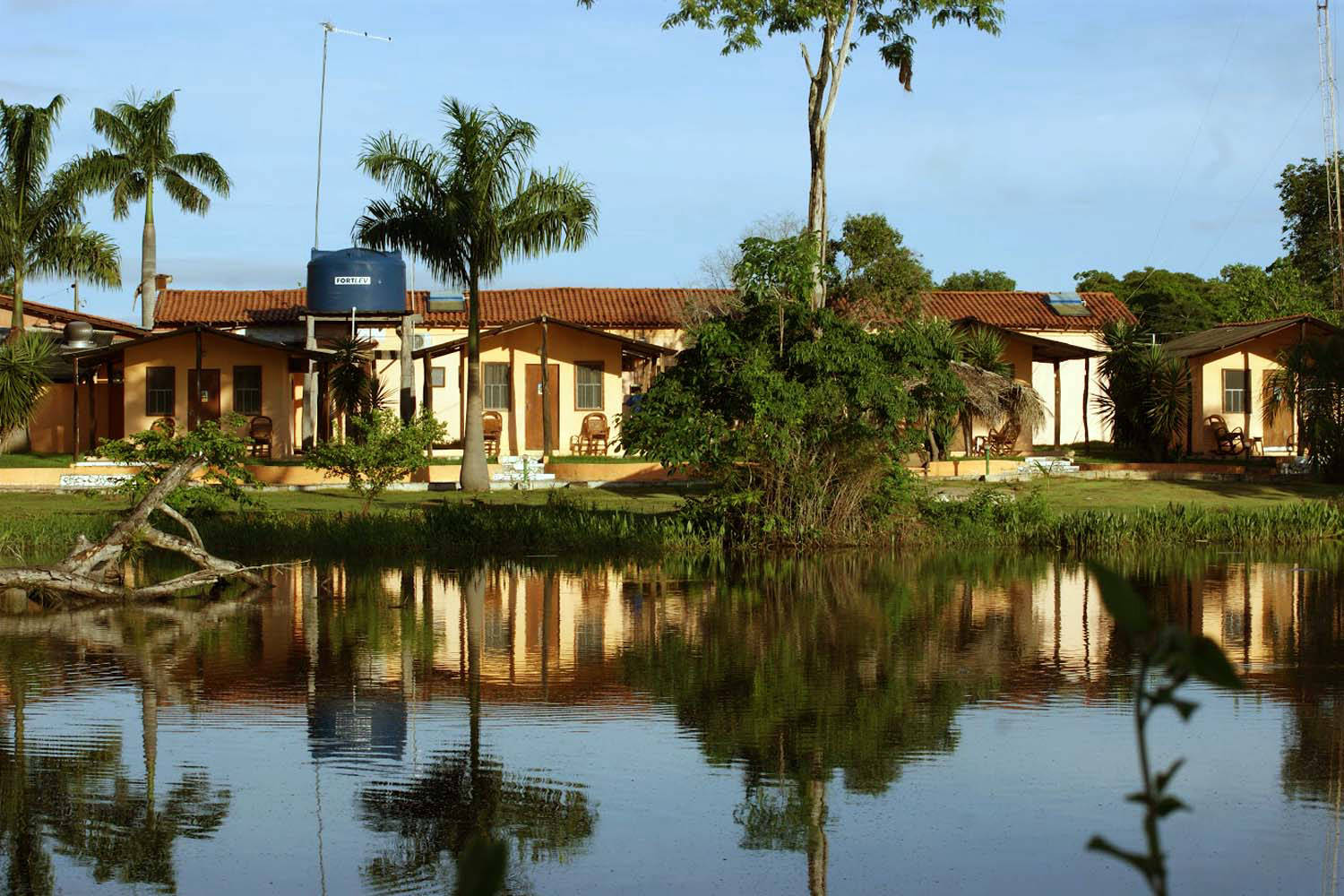Lake in front of guest houses, hotel complex, bungalows